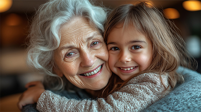 Grandmother hugging child.